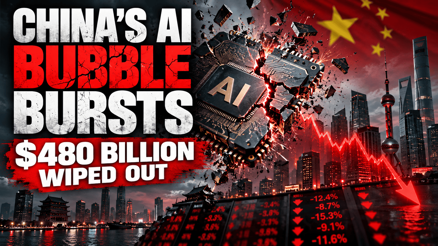 China AI bubble bursts as technology stocks plunge and $480 billion in market value disappears.