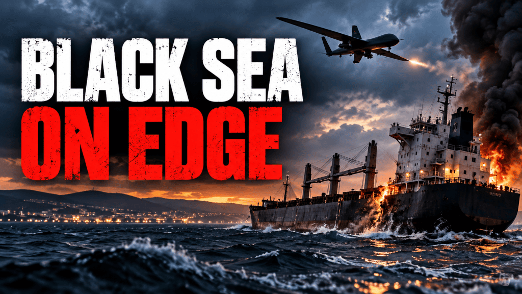 Commercial cargo ship under drone attack in the Black Sea near Bulgaria, illustrating growing NATO maritime security concerns.