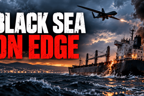 Commercial cargo ship under drone attack in the Black Sea near Bulgaria, illustrating growing NATO maritime security concerns.
