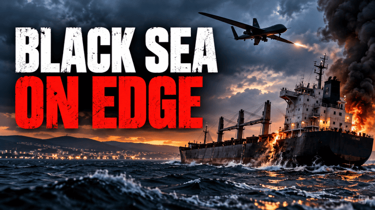 Commercial cargo ship under drone attack in the Black Sea near Bulgaria, illustrating growing NATO maritime security concerns.